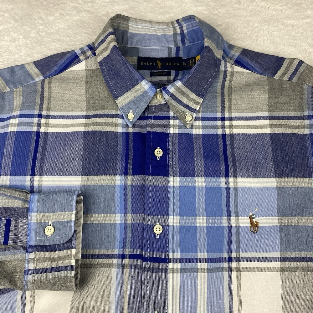 Ralph Lauren Shirt Mens XL Blue/Cream Plaid Classic Fit Embroidered Logo